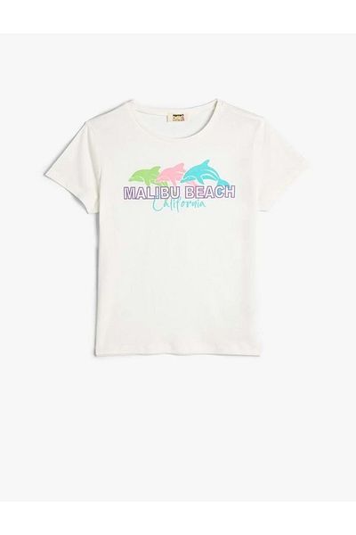 Koton Girl's T-Shirt Dolphin Printed Short Sleeve Crew Neck Cotton - 4Skg10114Ak Ecru