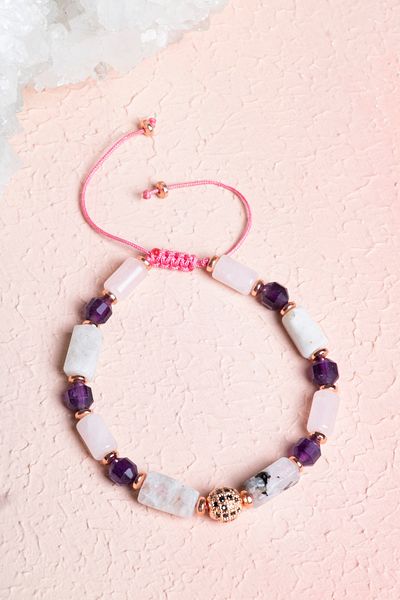 OSMANLI DOĞAL TAŞ Certified Moonstone, Pink Quartz, Amethyst Natural Stone Macrame Bracelet