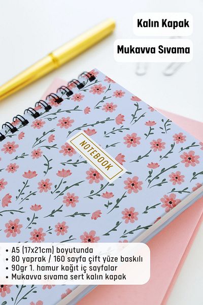 Eldesen Tasarım A5 Spiral Thick Cover Unlined Notepad, 80 Sheets 160 Pages, Blue Floral