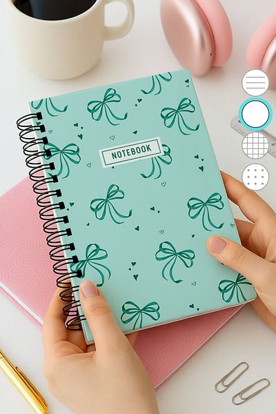 Eldesen Tasarım A5 Spiral Thick Cover Unlined Notepad, 80 Sheets 160 Pages, Turquoise Bow