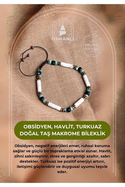 OSMANLI DOĞAL TAŞ Certified Obsidian, Havlit, Turquoise Natural Stone Macrame Bracelet