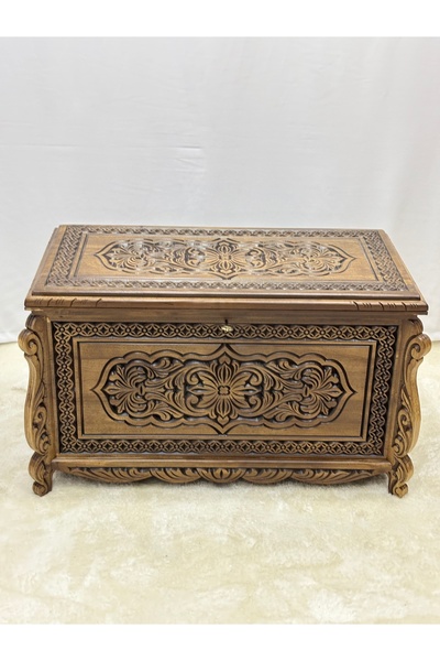 Arıkmert El Sanatları Maraş El Oyma Ceviz Çeyiz Sandığı – Ahşap Sandık - 95x5...