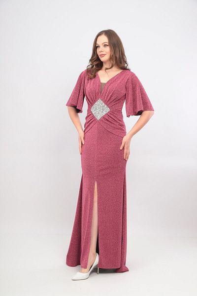 Robes Glittery V-neck Embroidered and Gathered Slit Fish Dress
