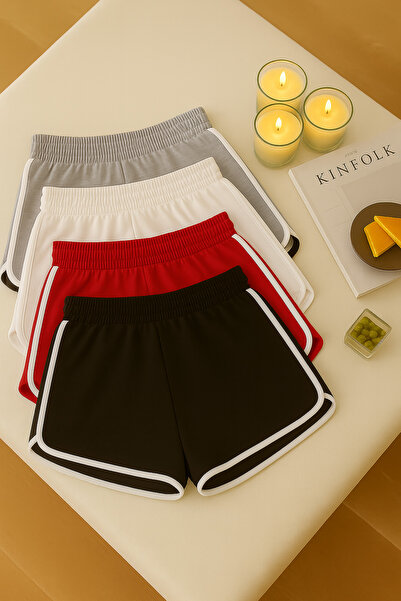 Duples Kadın 2 Iplik Penye Siyah Beyaz Gri Kırmızı 4'lü Biyeli Şort