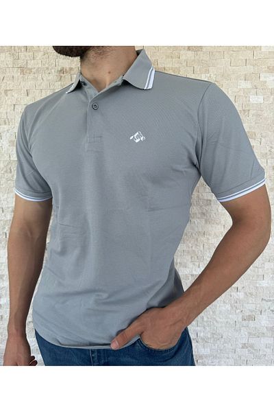 Mesh Tricou gri pentru bărbați cu gât polo – 100% bumbac, croială normală, dungi albe, mânecă scurtă, model brodat de munte