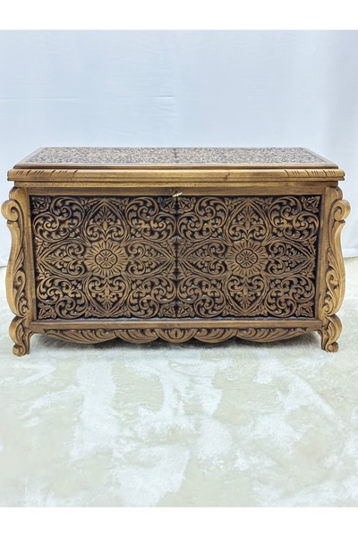 Arıkmert El Sanatları Maraş El Oyma Ceviz Ahşap Çeyiz Sandığı – 95x50x60 Cm B...