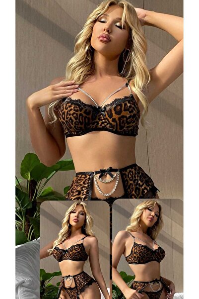 WINDY LAND Kadın Leopar Desenli Zincir Detaylı Bacak Bantlı Iç Çamaşır Takımı