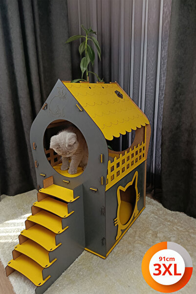 teknomooji 3XL Kedi Evi – Antrasit Sarı, Merdivenli, İki Katlı MDF, 91×92×52 cm