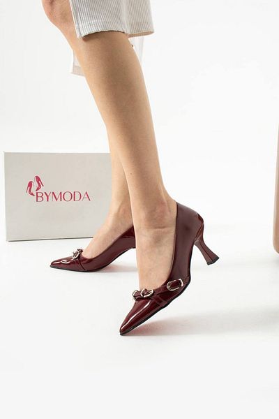Bymoda New Season Burgundy Patent Leather Women's Heeled Shoes Stiletto