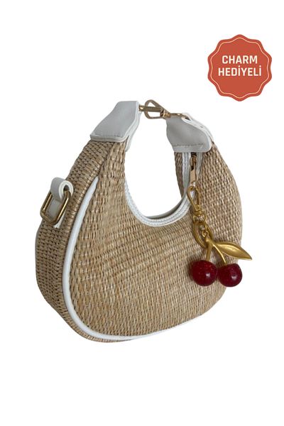 MODA Mira White Original Straw Charm Women's Hand, Arm and Shoulder Bag with Gift