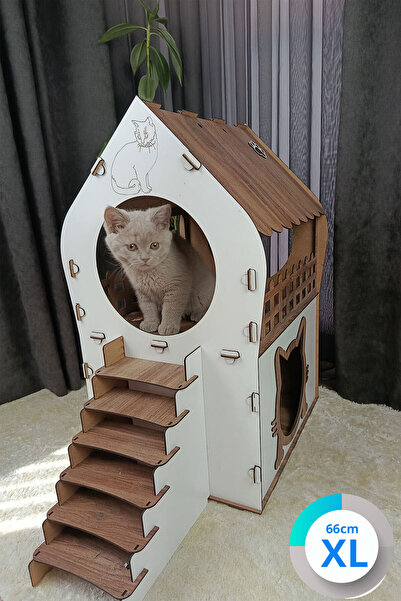 Genel Markalar XL Kedi Evi – Beyaz Kahverengi, Merdivenli, İki Katlı MDF, 66×...