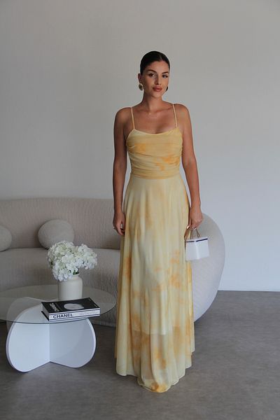 Julidress Yellow Strapless Patterned Lined Premium Chiffon Tulle Dress with Straps