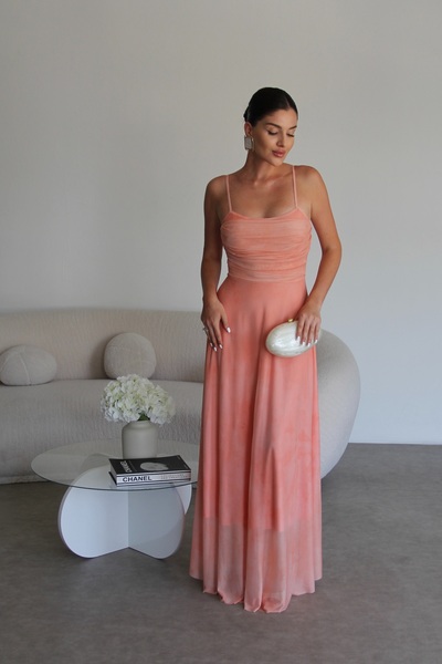 Julidress Orange Strapless Patterned Lined Premium Chiffon Tulle Dress with Straps
