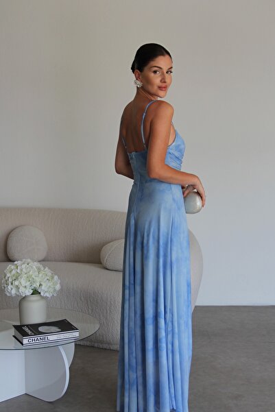 Julidress Φόρεμα Premium σιφόν τούλι με μπλε λουράκι με στράπλες μοτίβο