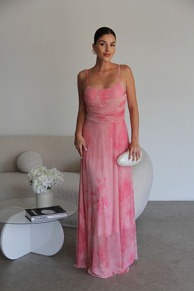 Julidress Pink Strapless Patterned Lined Premium Chiffon Tulle Dress with Straps