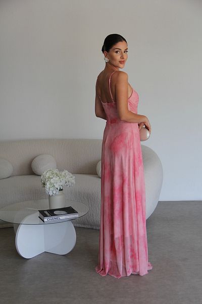 Julidress Pink Strapless Patterned Lined Premium Chiffon Tulle Dress with Straps