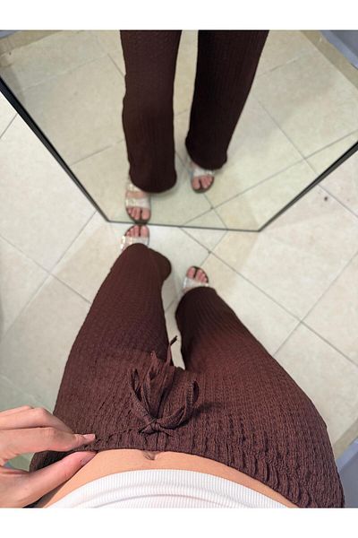 peri tower Seersucker Wrinkle Lace up High Waist Trousers 0030