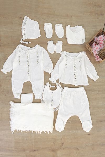 Sitilin Baby Girl Newborn Fancy Muslin 10 Piece Luxury Embroidered Summer Muslin Hospital Release Bodysuit Set Stl7059