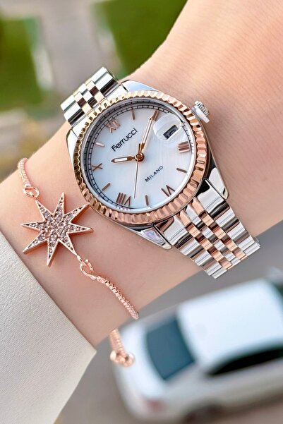 Ferrucci Rose Gümüş Renk Takvimli 35 Mm Kadın Kol Saati Ve Bileklik