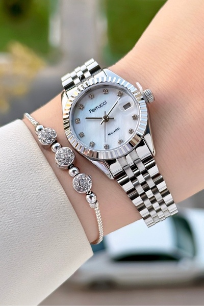 Ferrucci Gümüş Renk Takvimli 25 Mm Kadın Kol Saati ve Bileklik