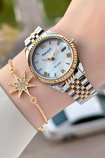 Ferrucci Gold Gümüş Renk Takvimli 35 Mm Kadın Kol Saati ve Bileklik