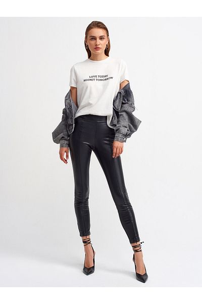 Dilvin 7866 Zippered Faux Leather Leggings Trousers-Black