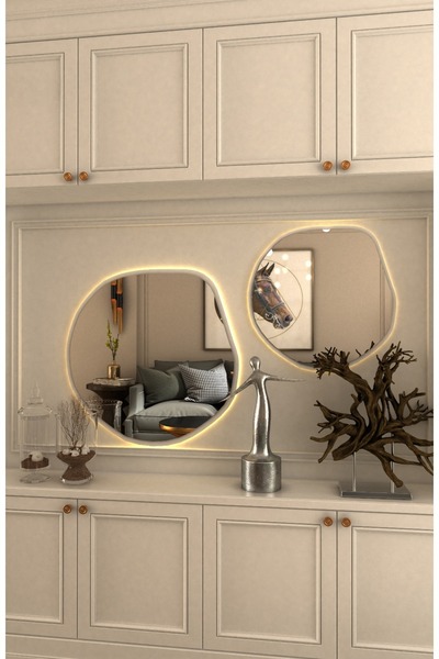 Wallover Design Love Ayna 2'li Set | BEYAZ Mdf Çerçeveli | Kablosuz Led Işıklı | Özel Rodajlı Form | Piller Hediye