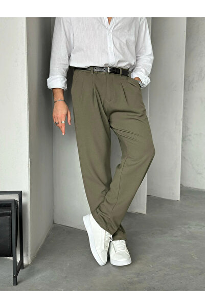 MENOFOURSWEAR Haki Pileli Baggy Kumaş Pantolon