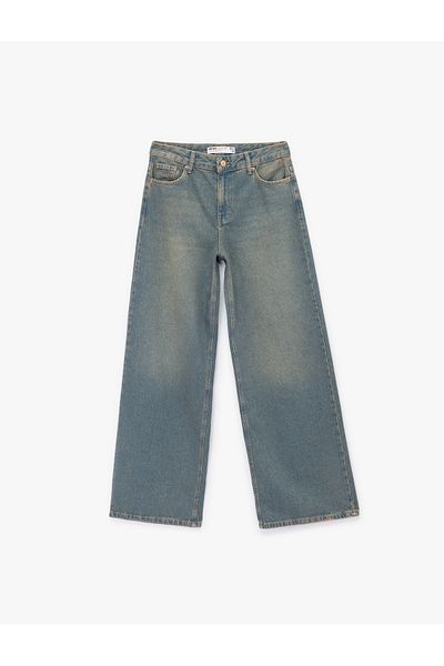 Koton Low Waist Straight Leg Cotton Straight Washed Loose Jean Pants - Loose Straight Fit Jean