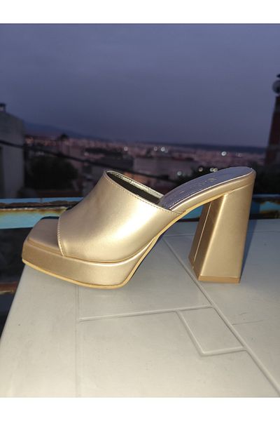 ŞAWURO GOLD pantofi rochii de seara dama papuci cu platforma toc placat inaltime toc 11 cm