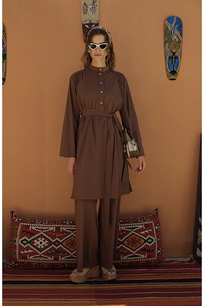 Fatma Atasoy Καφέ βαμβακερό τουνίκ με κορδόνια στους ώμους