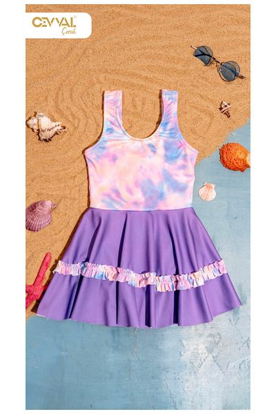 Elayza With Skirt Rubbed Batik Patterned Sleeve Panty Girl's Swimwear Dress