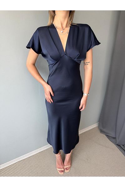 AlisaSu Women's Navy Blue V-Neck Satin Midi Dress