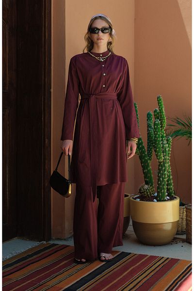 Fatma Atasoy Shoulder Gathered Tie-Up Cherry Cotton Tunic