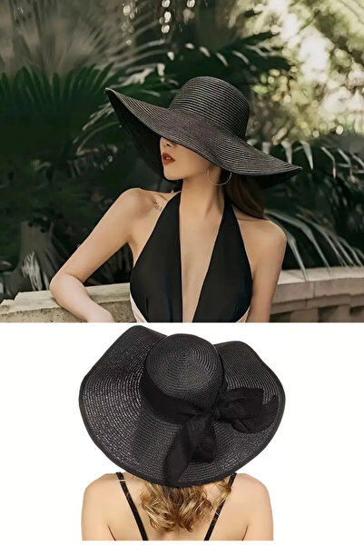 Janva Şapka Hasır Plaj Aksesuarı Fötür Dalgalı Örgü Güneş Koruyucu Siperli 47cm LÜXARY