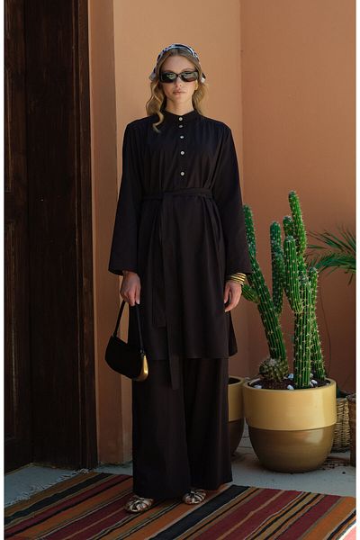 Fatma Atasoy Black Cotton Tunic with Shoulder Gathered Tie
