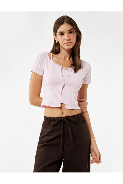 Koton Button Detailed Crew Neck Short Sleeve Blouse