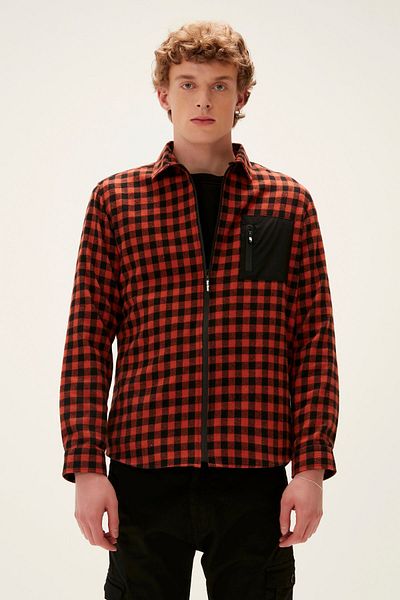 Bad Bear Liam Shirt Orange Checked Zippered Men's Shirt