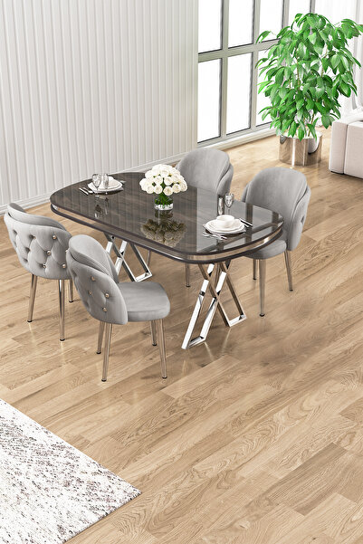 Canisa Zae Serisi 90x168 Lak Panel Antrasit Ironi Krom Ayak Masa Takımı 4 Gri Sandalye