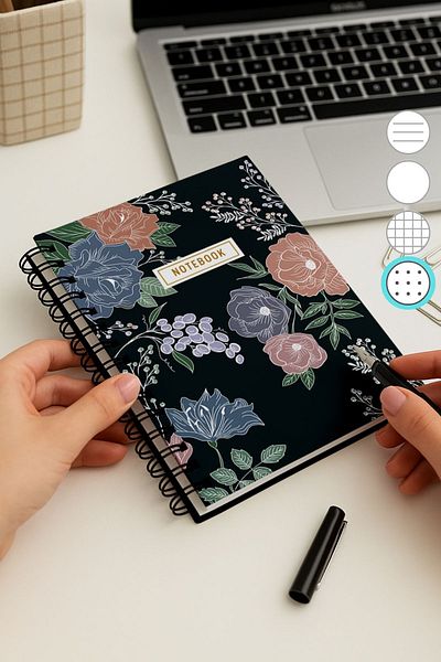 Eldesen Tasarım A5 Spiral Thick Cover Dotted Notepad, 80 Sheets 160 Pages, White Line