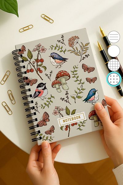 Eldesen Tasarım A5 Spiral Thick Cover Dotted Notepad, 80 Sheets 160 Pages, Mushroom