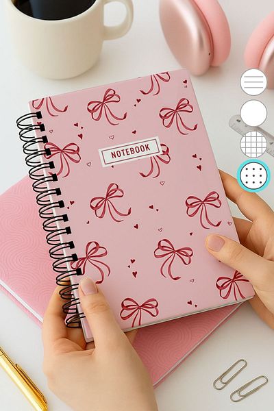 Eldesen Tasarım A5 Spiral Thick Cover Dotted Notepad, 80 Sheets 160 Pages, Pink Bow