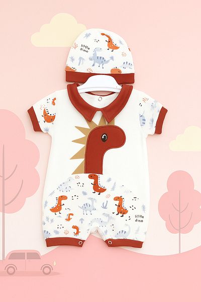 Puppis Baby Dinosaur Figured Hat Jumpsuit Set