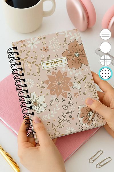 Eldesen Tasarım A5 Spiral Thick Cover Dotted Notepad, 80 Sheets 160 Pages, Gold Flower