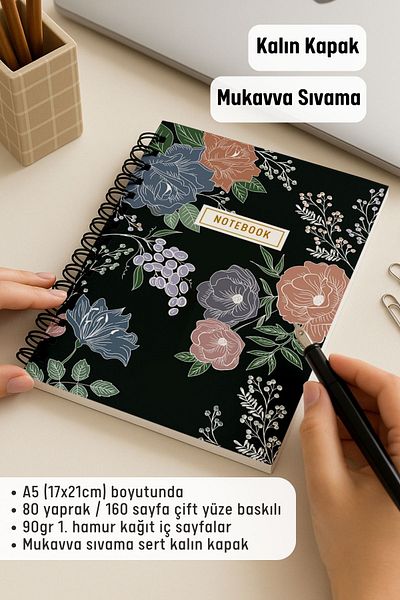 Eldesen Tasarım A5 Spiral Thick Cover Dotted Notepad, 80 Sheets 160 Pages, White Line