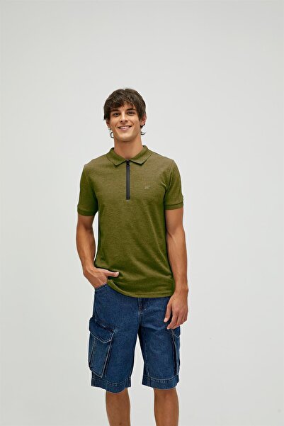 Bad Bear Cord Khaki Green Polo Neck Zippered Men's T-shirt