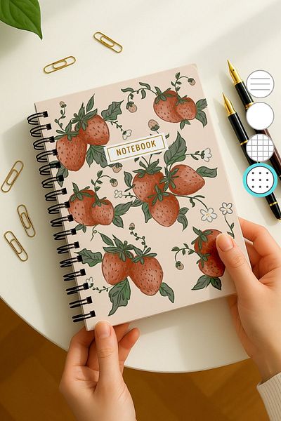 Eldesen Tasarım A5 Spiral Thick Cover Dotted Notepad, 80 Sheets 160 Pages, Strawberry