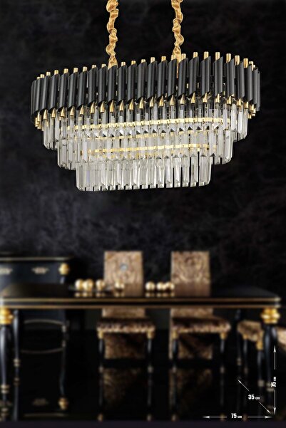 Avizemoda Palmira 75x35 Cm Kristal Taşlı 3 Katlı Lüks Yemek Masası Üstü Avize 6'lı - (siyah-gold)
