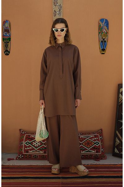 Fatma Atasoy Wide Leg Brown Cotton Trousers