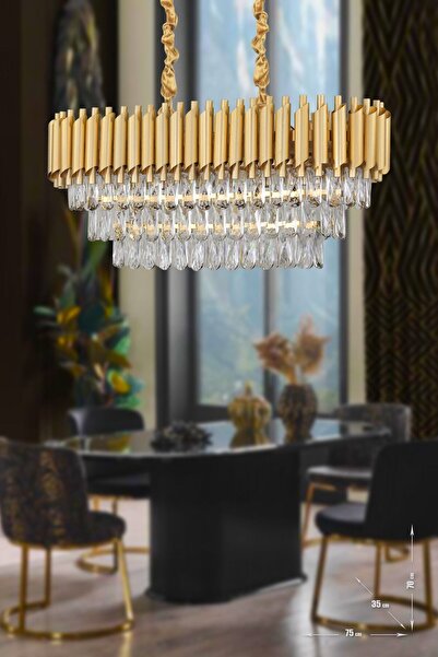 Avizemoda Palmira 75x35 Cm'lik 3 Katlı Prizma Kesim Kristal Taşlı Lüks Avize 6'lı - (sarı-yaldız)